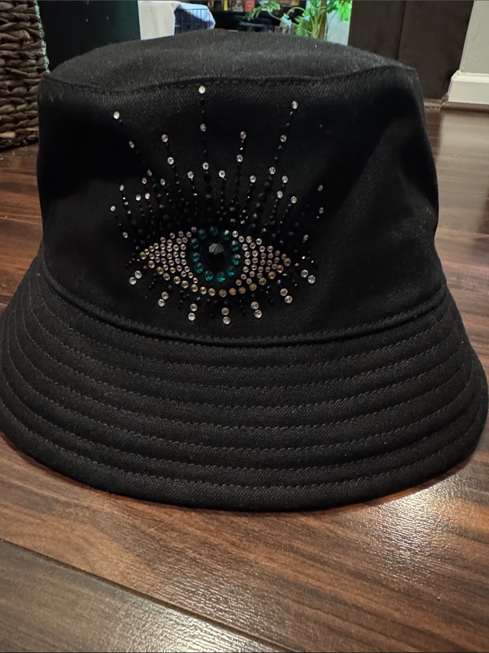 Kurt Geiger Black Embellished Eye Bucket Hat with Crystal Accents New w/ Tag!